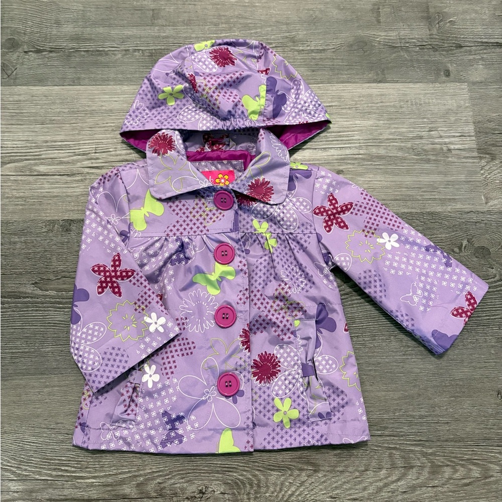 Pink Platinum Purple Floral Hooded Raincoat with Accents. Girls’ 12 months